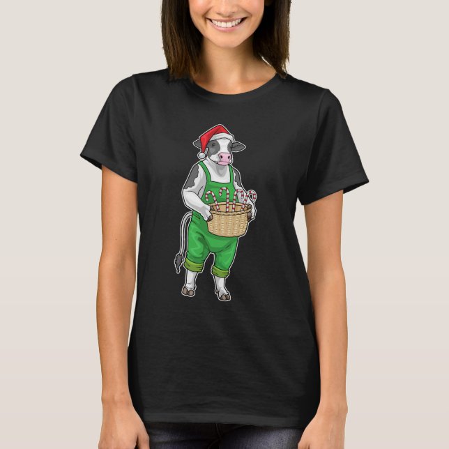 T-shirt Cow Christmas Candy cane (Devant)