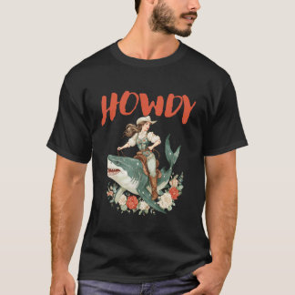 T-shirt Cowgirl chevauchant un requin Howdy Rodéo Vintage