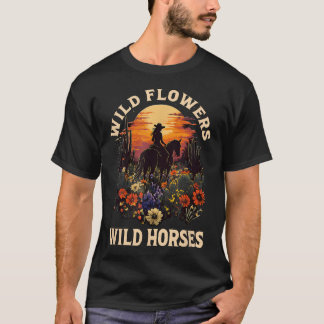 T-shirt Cowgirl Occidental à Cheval sous les Fleurs Sauvag
