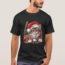 T-shirt Cozy Cat in Christmas Lights, Santa Hat 