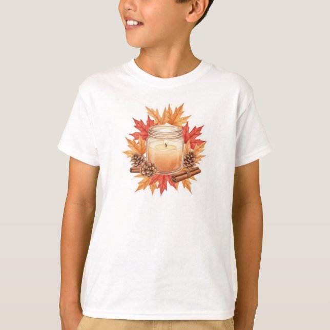 T-shirt Cozy Fall Candle with Maple Leaves | Autumn Design (Devant)