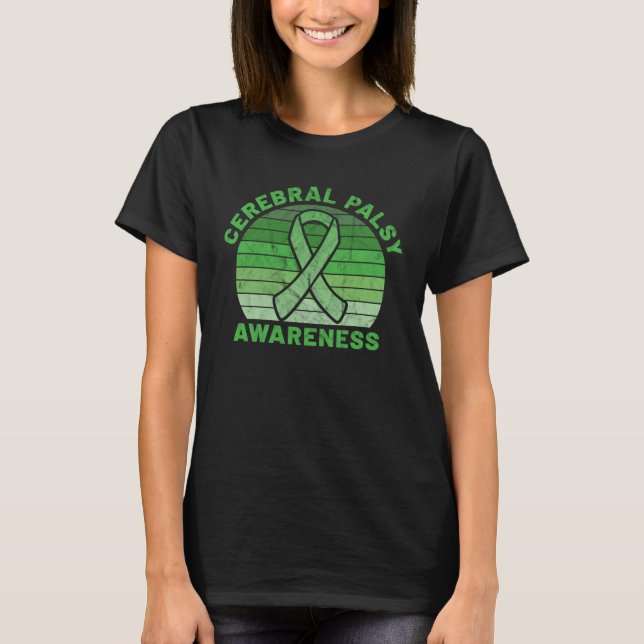 T-shirt CP Green Ribbon Retro Sunset Cerebral Palsy Awaren (Devant)