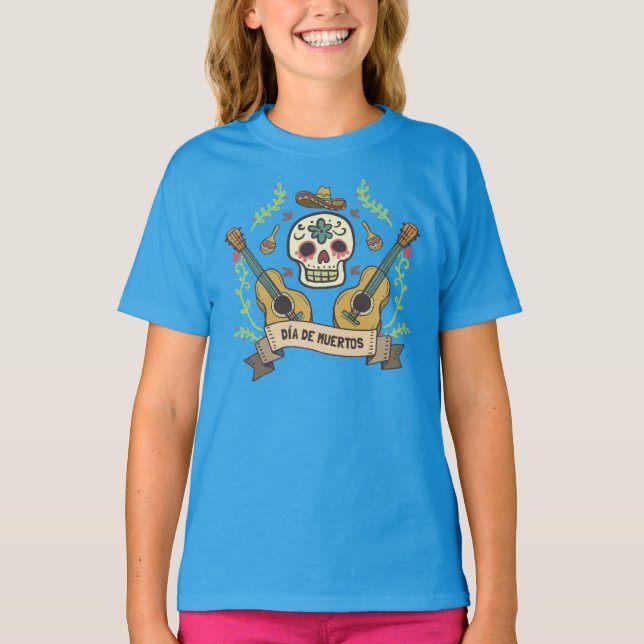 T-shirt Crâne à sucre et guitares Dia de Muertos Sleeve Ch (Devant)