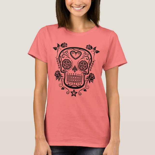 T-shirt Crâne à sucre noir avec Roses (Devant)