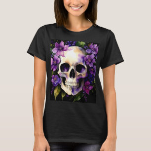 T-shirt Crâne aux fleurs violettes Goth Aquarelle Art