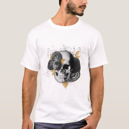 T-shirt Crâne avec fleurs noires et or feuille gothique