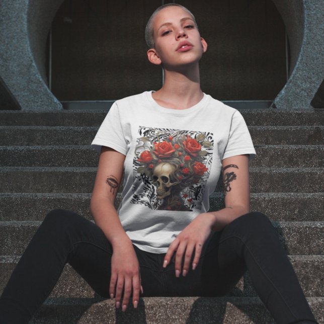 T-shirt Crâne avec Roses de cheveux sauvages en Feuille Vi (Créateur téléchargé)