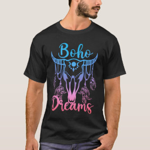 T-shirt Crâne de bétail à plumes Boho Dreams Ombré bleu ro