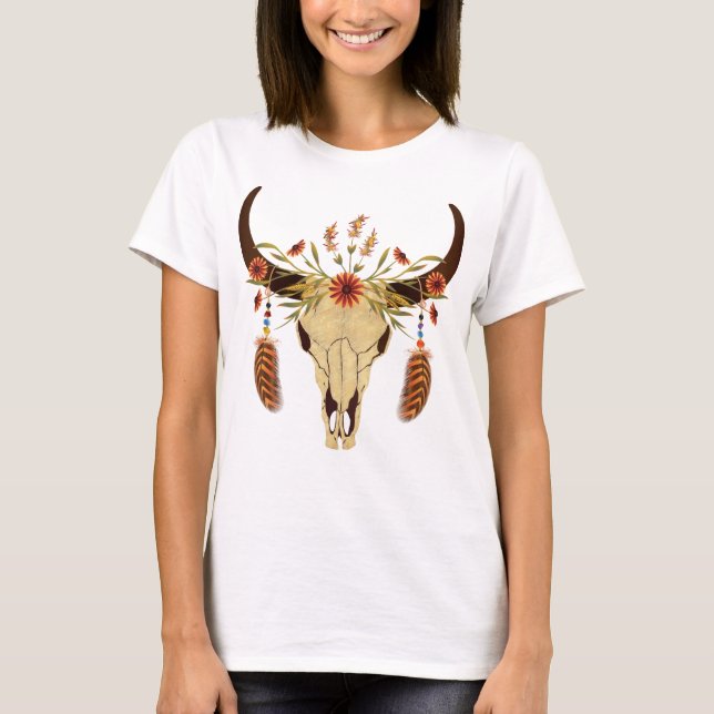 T-shirt Crâne de boeuf avec des fleurs et des plumes (Devant)
