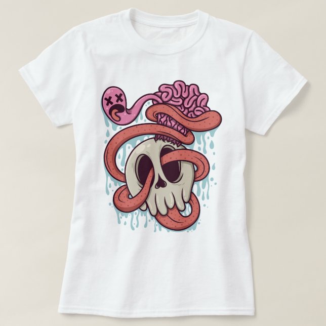 T-shirt Crâne de dessin avec cerveau et langue (Design devant)