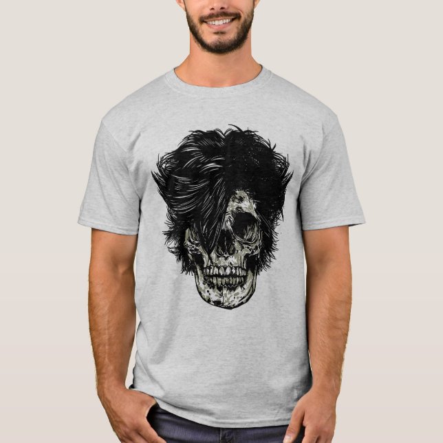 T-shirt Crâne de rockstar avec cheveux sauvages (Devant)