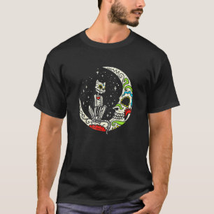 T-shirt Crâne de Sucre Chat Lune Dia De Los Muertos Hallow