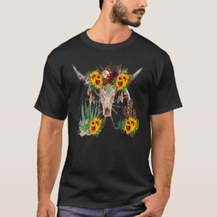 T-shirt Crâne de taureau léopard boho floral Désert Cactus