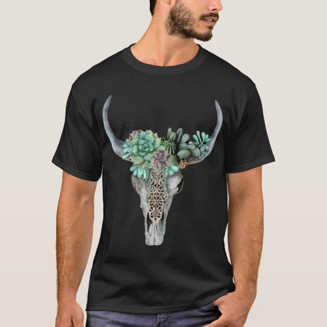 T-shirt Crâne De Vache Et Succulents De Couronne Plante Et (Devant)