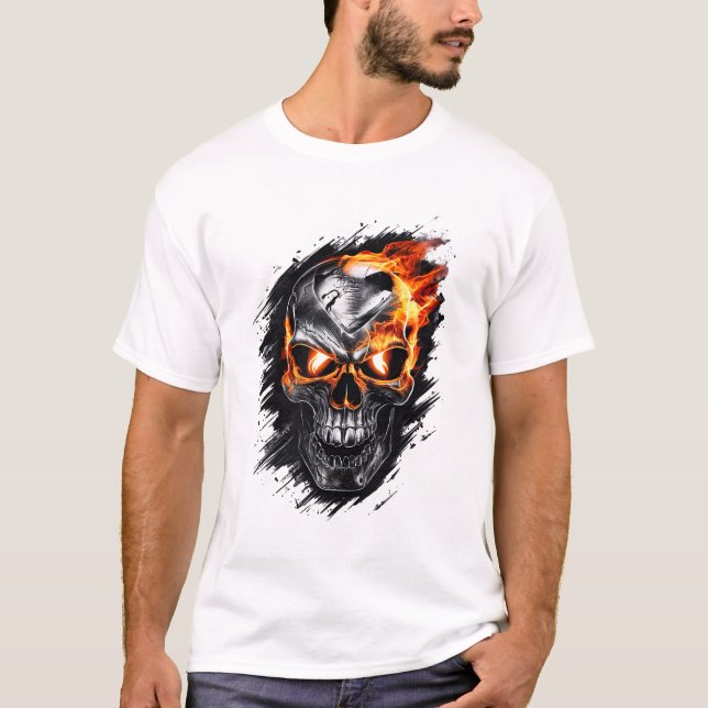 T-shirt Crâne flamme métallique - Design gothique (Devant)