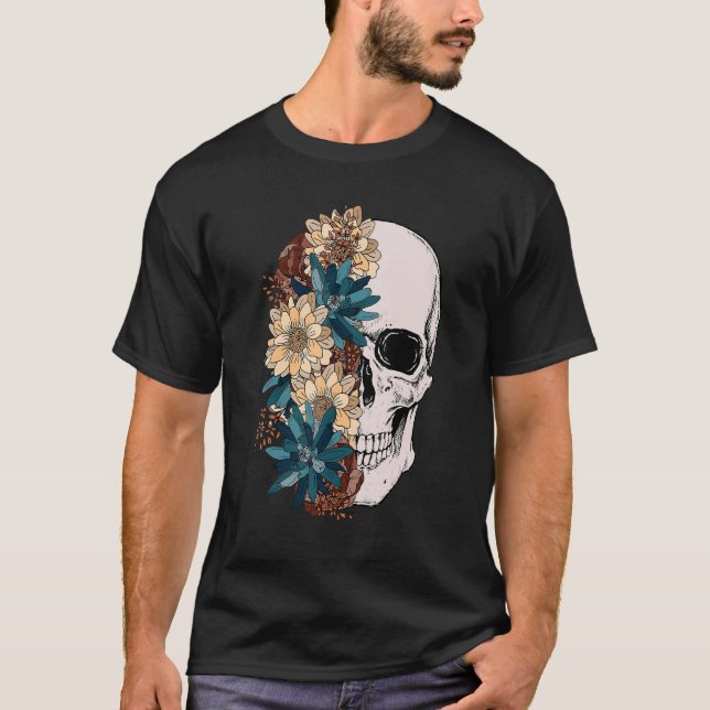 T-shirt Crâne fleuri Crâne floral Boho Fleur Crâne Skeleto (Devant)