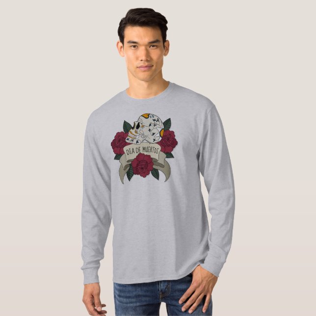 T-shirt Crâne florale Dia de los Muertos Sleeve Chemise (Devant entier)