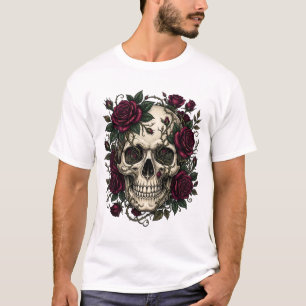 T-shirt Crâne gothique avec roses et épines rouge foncé Ta