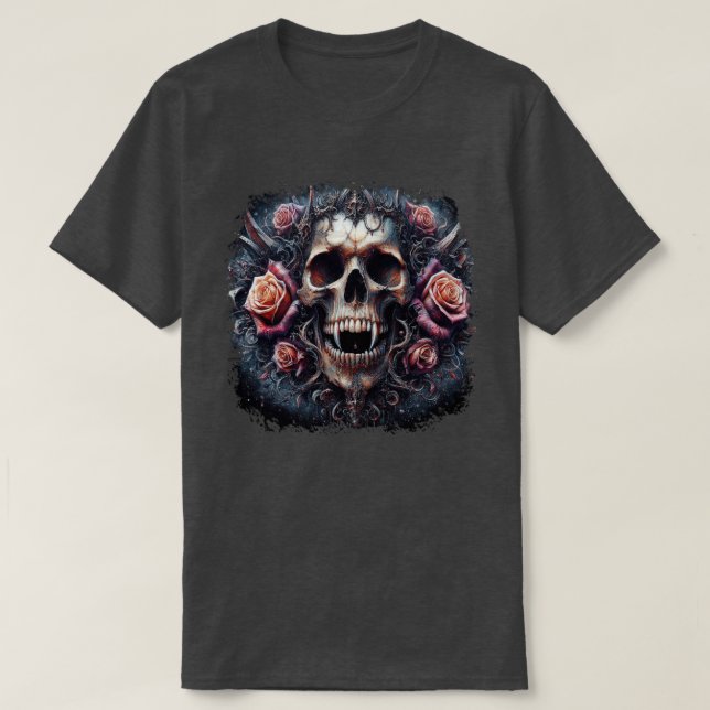 T-shirt Crâne gothique orné de Rose (Design devant)