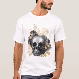 T-shirt Crâne gothique Roses noirs avec feuille or
