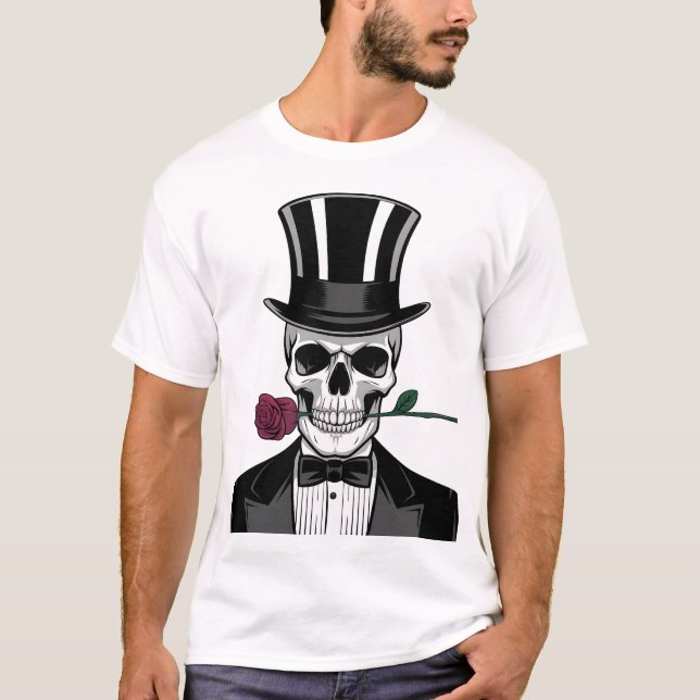 T-shirt Crâne romantique avec Rose - Dapper Halloween Desi (Devant)