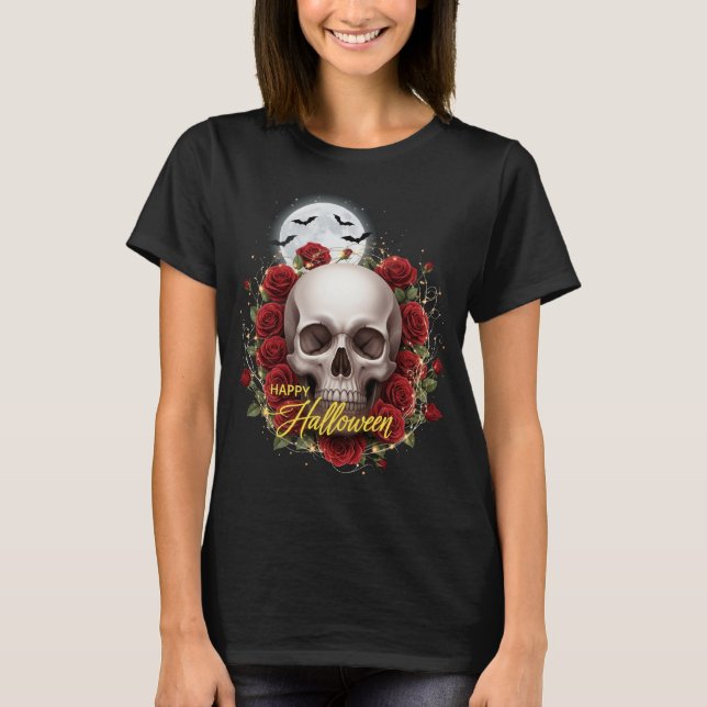 T-shirt Crâne romantique et nuit d'Halloween Rose (Devant)