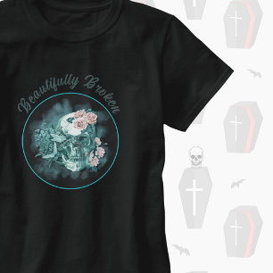 T-shirt Crâne sarcelle magnifiquement brisé avec des roses