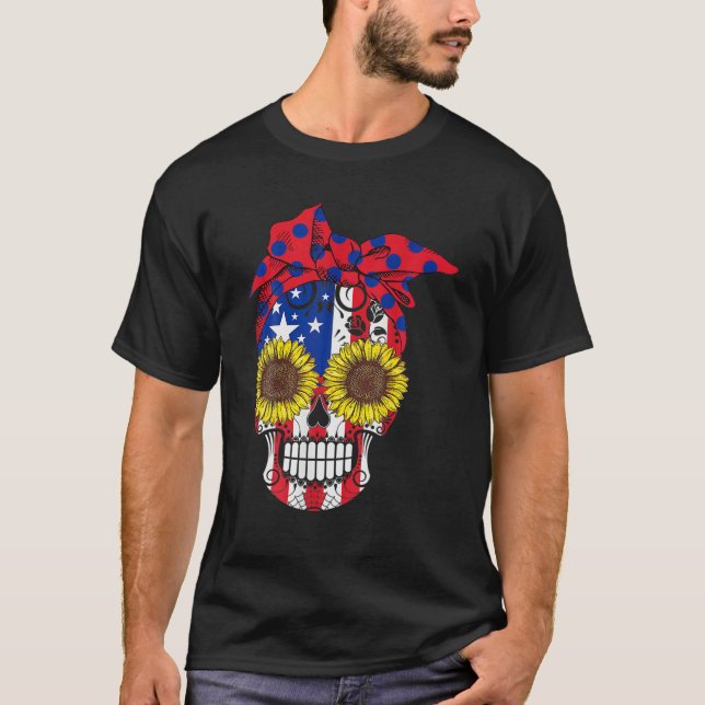 T-shirt Crâne sucre Drapeau américain Fleurs florales de t (Devant)