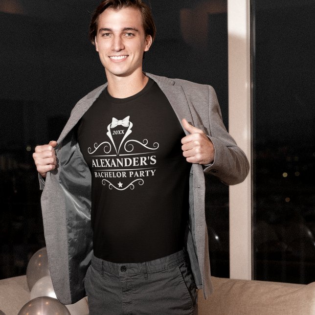 T-shirt Cravate noire de smoking pour enterrement de vie d (Customize to change text size. Choose from a variety of shirt colors and styles.)