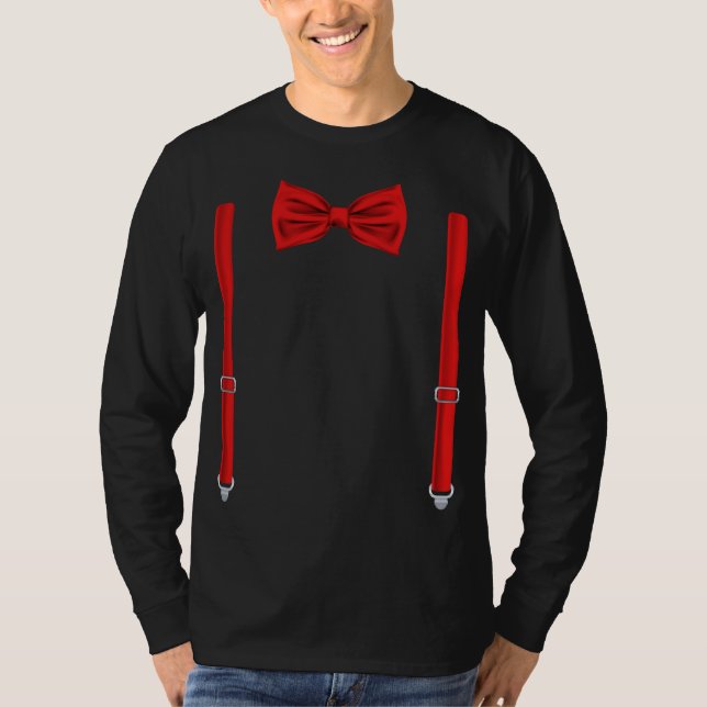 T-shirt Cravate Rouge Bow Avec Suspendants Drôle Mariage (Devant)