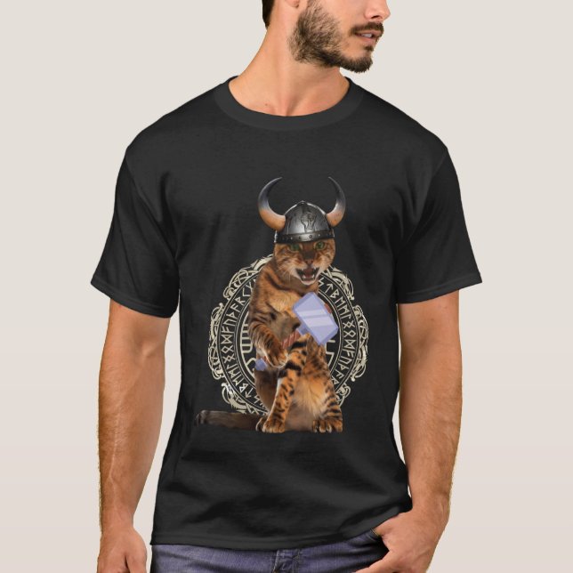 T-shirt Crazy Cat Viking Thor Cat With Hammer  1 (Devant)