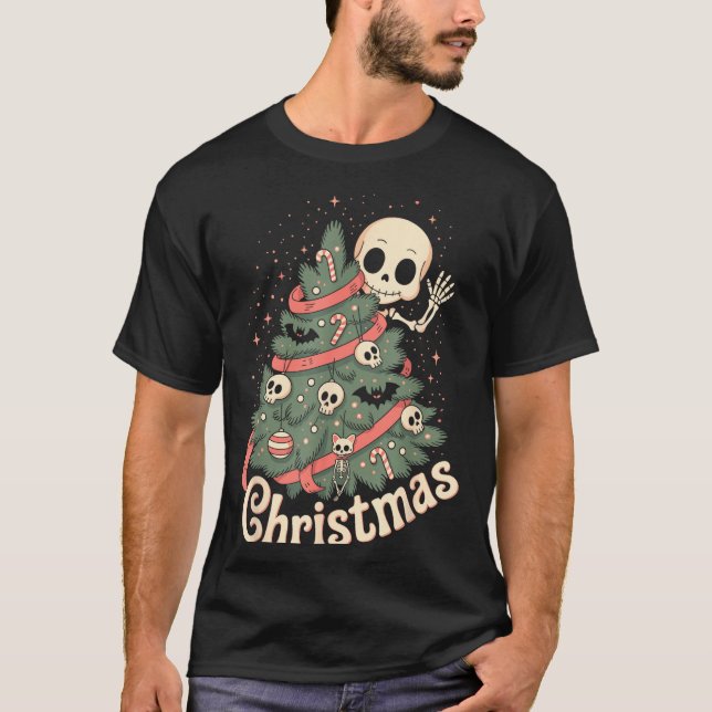 T-shirt Creepy Cute Kawaii Skeleton Christmas Tree Skull B (Devant)