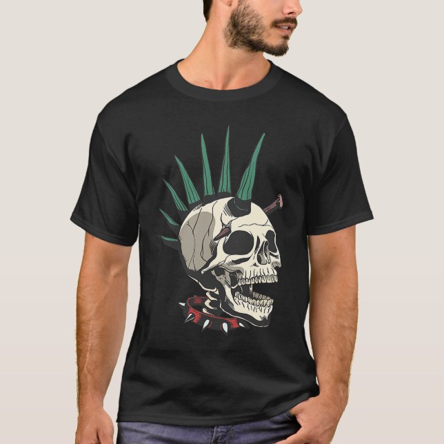 T-shirt Creepy Punk Skeleton With Stake In Skull (Devant)