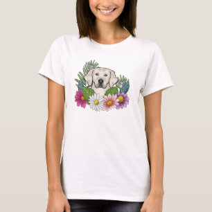T-shirt Crème Golden Retriever Head Avec Fleurs Colorées