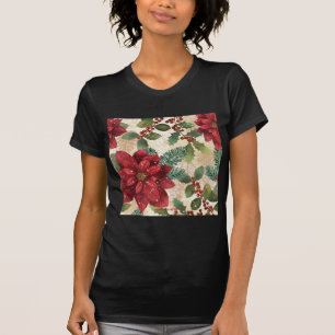 T-shirt Crème verte rouge Retro les années 50 Poinsettia