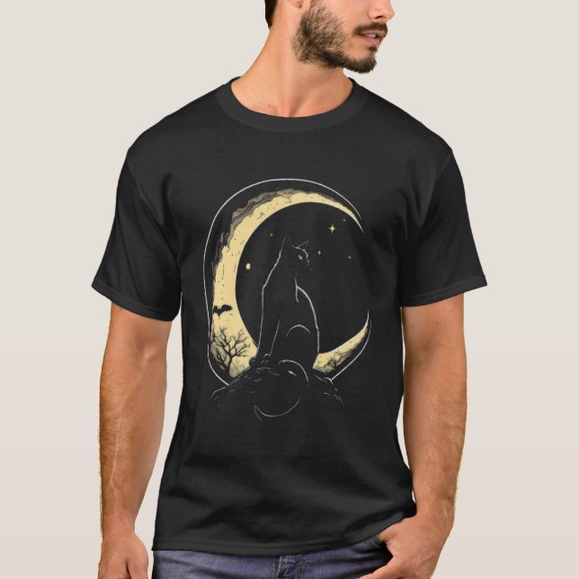 T-shirt Crescent Moon Cat Kitten Astronomy Creepy Night (Devant)