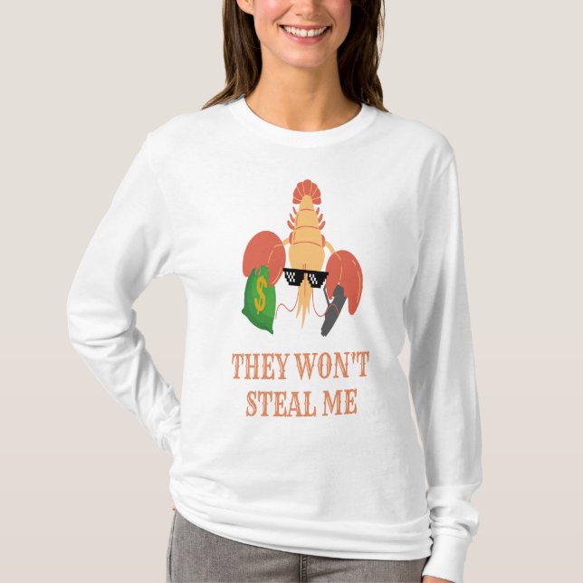 T-shirt crevettes avec une arme et de l'argent disent : il (Devant)
