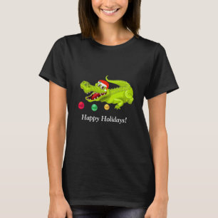 T-shirt Crocodile de Noël mignon. Boules vertes dorées et 