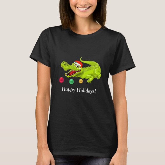 T-shirt Crocodile de Noël mignon. Boules vertes dorées et  (Devant)
