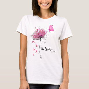T-shirt Croire le papillon des fleurs rose Ribbon cancer d