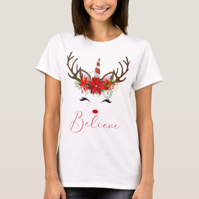 T-shirt Croire Rouge & Blanc Poinsettia Reindeer Unicorn (Devant)