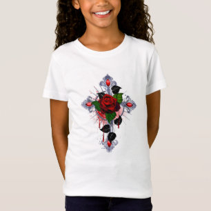 T-Shirt Croix d'argent avec une rose rouge