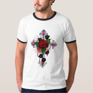 T-shirt Croix d'argent avec une rose rouge