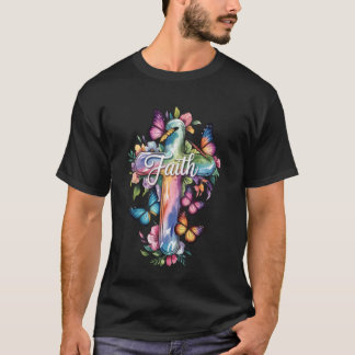 T-shirt Croix de foi Papillons Floral Religieux Christ Fl