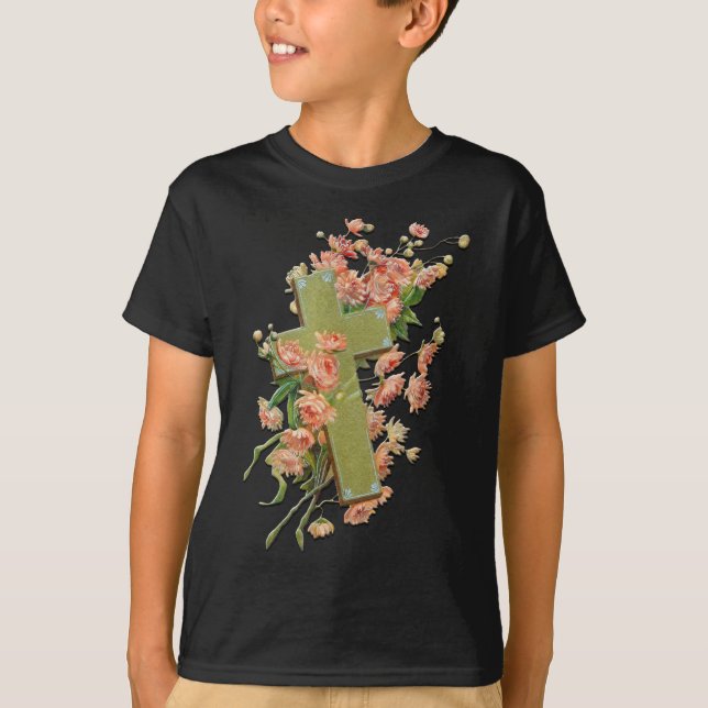 T-shirt Croix de Pâques avec Fleurs Roses Chemise Unisex N (Devant)
