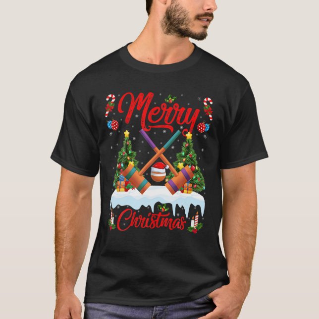 T-shirt Croquet Lover Xmas Éclairage Santa Chapeau Croquet (Devant)