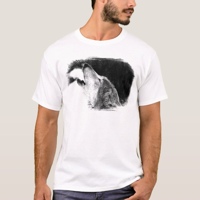 T-shirt Croquis noir et blanc Loup gris (Devant)