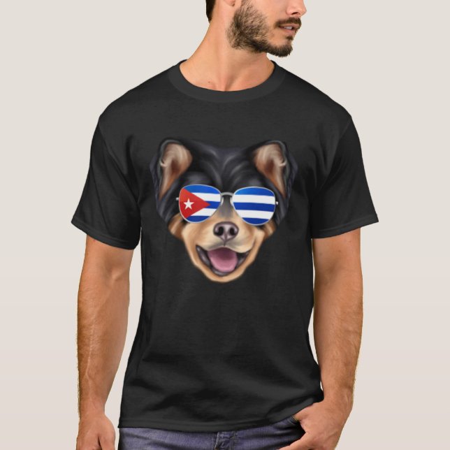 T-shirt Cuban Flag Finnish Lapphund Dog Cuba Pocket (Devant)
