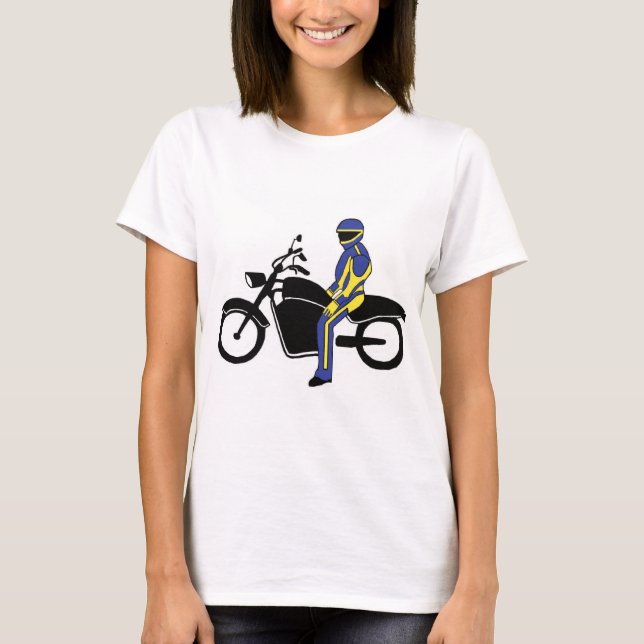 T-shirt Cuirs bleus et jaunes à une course de moto (Devant)