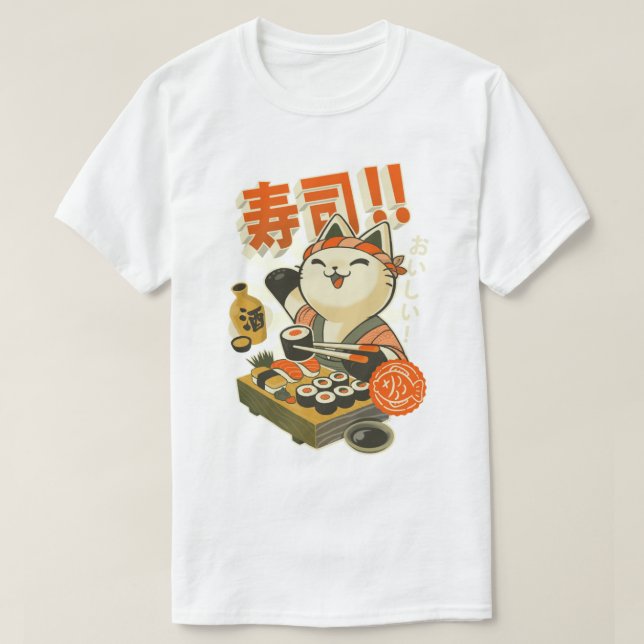 T-shirt Cuisine Sushi Chat - Drôle Restaurant Kitty - Japo (Design devant)
